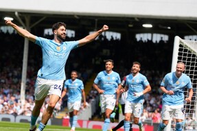 Manchester City's Josko Gvardiol celebrates after scoring his side's third goal during the English Premier League soccer match between Fulham and Manchester City at the Craven Cottage Stadium in London, Saturday, May 11, 2024. (AP Photo/Kirsty Wigglesworth)