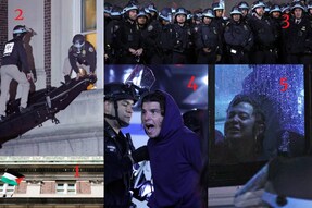 The pictures numbered from 1 to 5 show the full sequence of events at Columbia University, starting from pro-Palestinian student protesters occupying Hamilton Hall to NYPD officers clearing it and arresting over 100 of them. (Image: AFP)