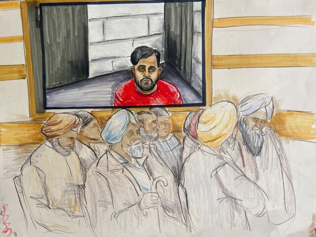 Karan Brar, one of the three individuals charged with first-degree murder and conspiracy to commit murder in relation to the murder in Canada of Sikh separatist leader Hardeep Singh Nijjar in 2023, appears by video link in Surrey Provincial Court in British Columbia, Canada. (Image: Reuters)