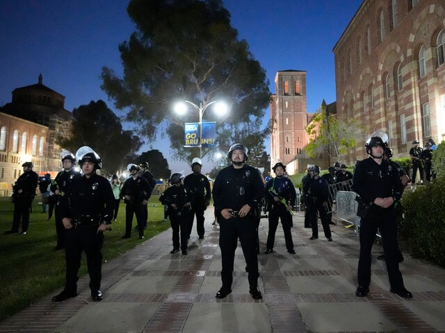 Police stage on the UCLA campus near an encampment set up by pro-Palestinian demonstrators Wednesday, May 1, 2024, in Los Angeles. (AP Photo)