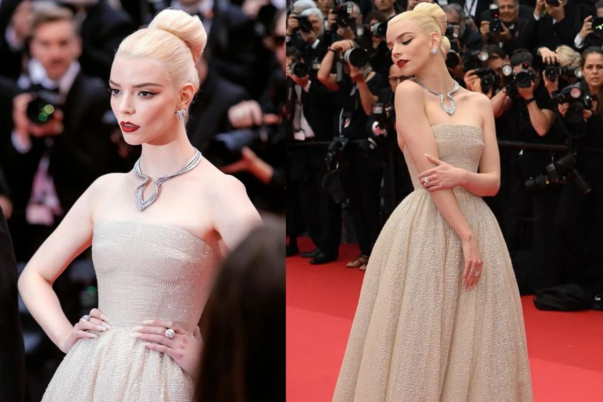 Anya Taylor-Joy Dazzles In Custom Dior Strapless Golden Gown At Cannes 2024