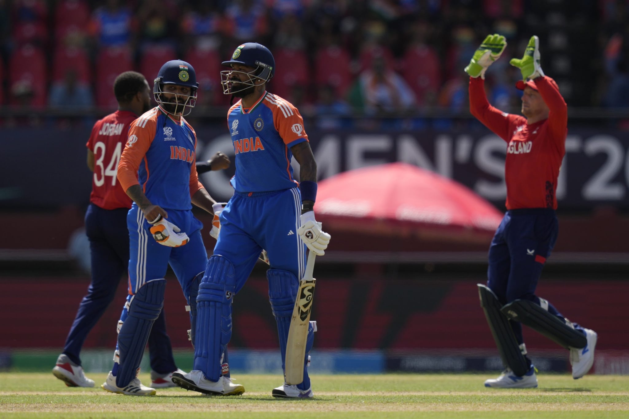 Late knocks of Hardik (23 off 13), Jadeja (17 off 9), and Axar (10 off 6) set a target of 172 for England. (AP) Late knocks of Hardik (23 off 13), Jadeja (17 off 9), and Axar (10 off 6) set a target of 172 for England. (AP)