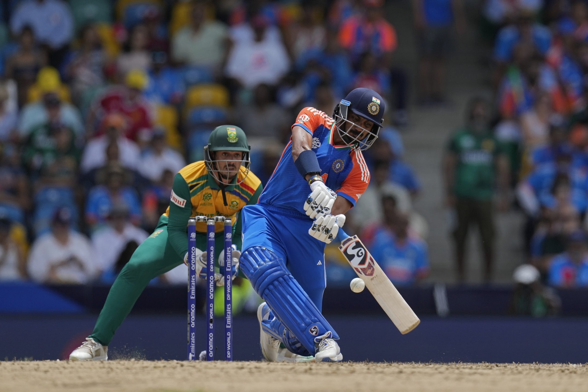 India were three down within the Powerplay. Then Axar Patel's crucial 47 off 31 and Shivam Dubey's 27 off 16 helped register the highest total in a T20 World Cup final. (AP) India were three down within the Powerplay. Then Axar Patel's crucial 47 off 31 and Shivam Dubey's 27 off 16 helped register the highest total in a T20 World Cup final. (AP)