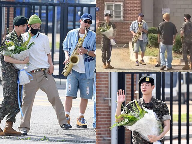 BTS singer Jin has completed his military training and his fellow members were present at the discharge ceremony. (Pics: X)