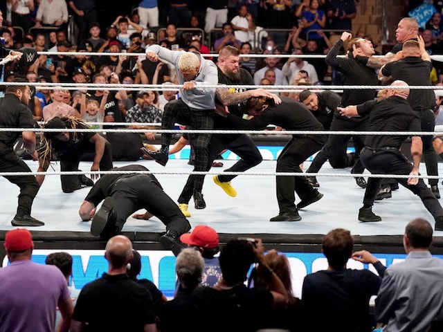 The Bloodline and a team of Randy Orton, Cody Rhodes and Kevin Owens were involved in a brawl. (WWE) 