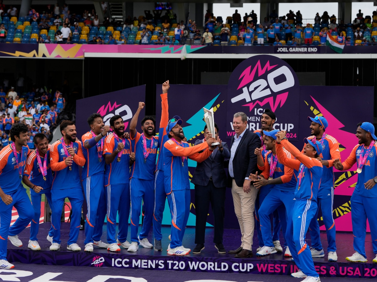 India ended their trophy drought by securing a 7-run win against South Africa in a nerve-racking match at Kensington Oval, Barbados on Saturday. (June 29). (AP) india cricket team trophy, india vs south africa t20 world cup final, india t20 wc celebration