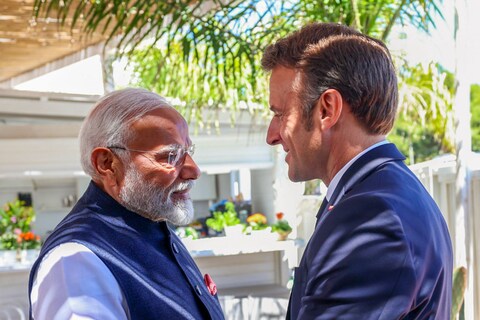 PM Narendra Modi and French President Emmanuel Macron during a bilateral meeting on the sidelines of the G7 Summit.