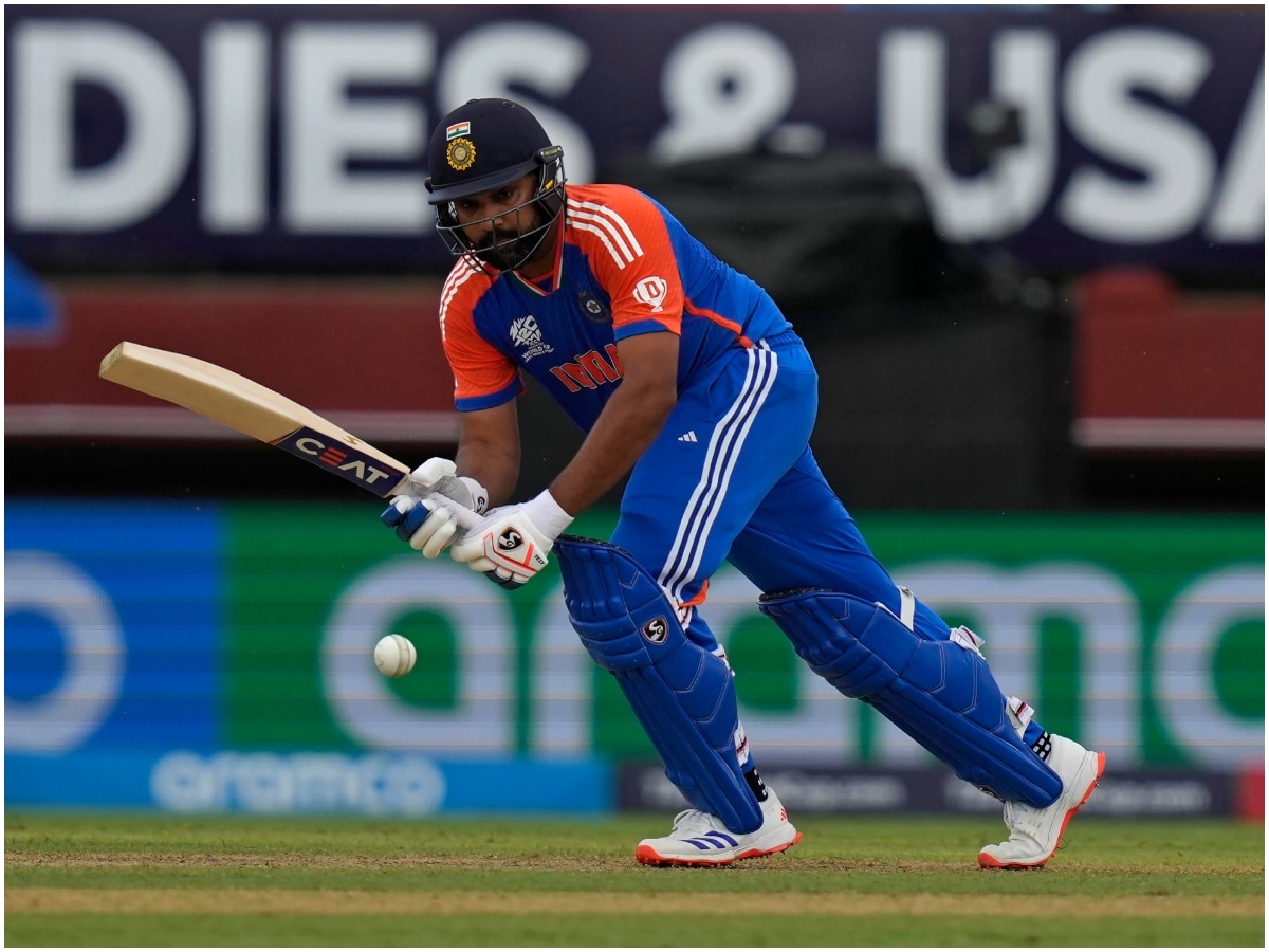 Skipper Rohit Sharma opened for India and stayed till 13.4 overs, spearheading the batting attack for his side with just 57 off 49. (AP) India's captain Rohit Sharma plays a shot during the ICC Men's T20 World Cup second semifinal cricket match between England and India at the Guyana National Stadium in Providence, Guyana, Thursday, June 27, 2024. (AP Photo/Ramon Espinosa)