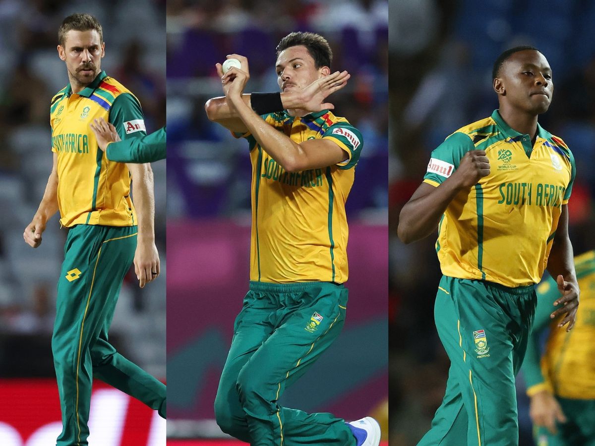 The pace trio of Marco Jansen (3/16), Kagiso Rabada (2/14), and Anrich Nortje (2/7) shared seven wickets among themselves, bowling three overs each. (Proteas Men) The pace trio of Marco Jansen (3/16), Kagiso Rabada (2/14), and Anrich Nortje (2/7) shared seven wickets among themselves, bowling three overs each. (Proteas Men)