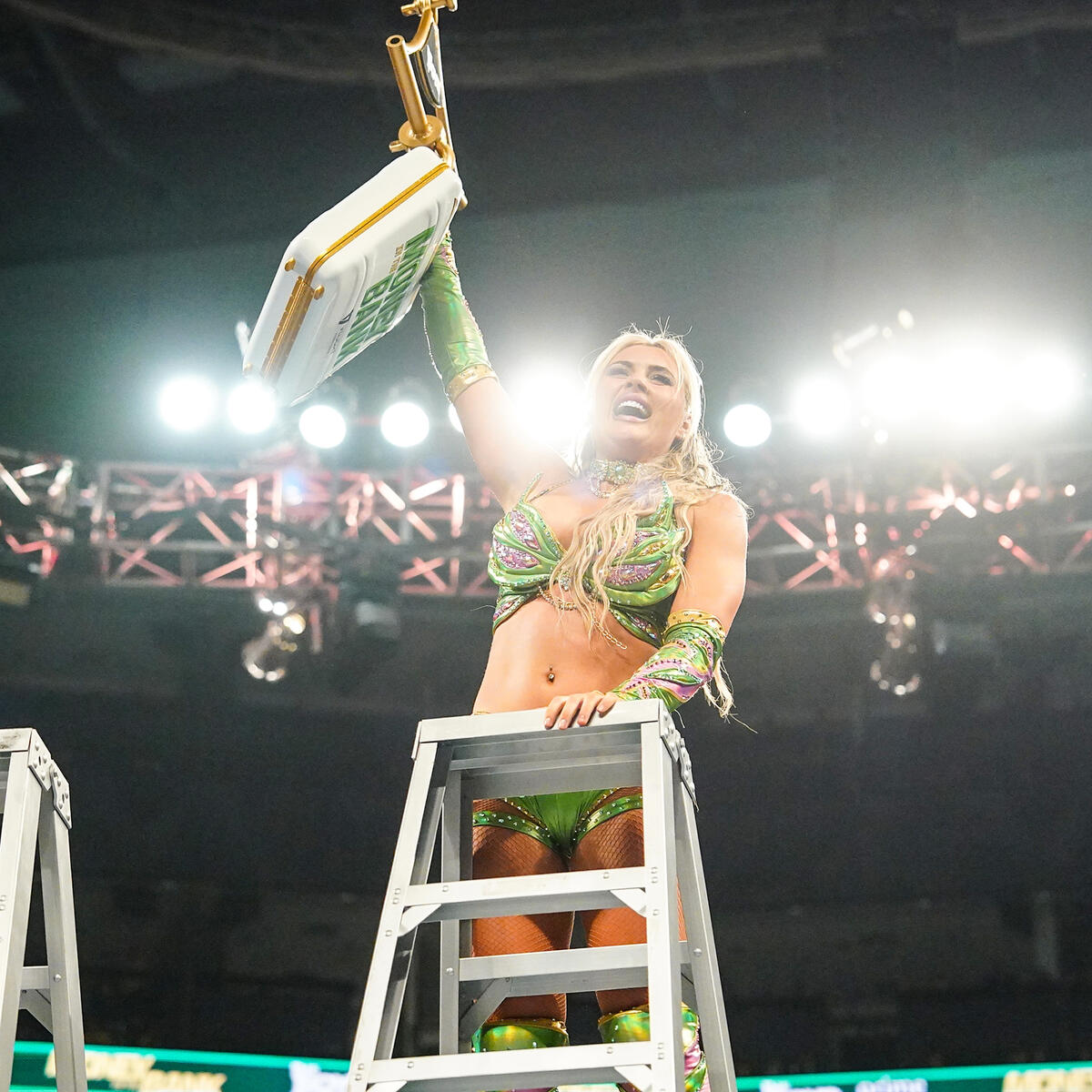 Tiffany Stratton won the Women's Money in the Bank Ladder Match by beating Zoey Stark, IYO SKY, Naomi, and Lyra Valkyria and, Chelsea Green. (Photo: WWE) Tiffany Stratton won the Women's Money in the Bank Ladder Match by beating Zoey Stark, IYO SKY, Naomi, and Lyra Valkyria and, Chelsea Green. (Photo: WWE)