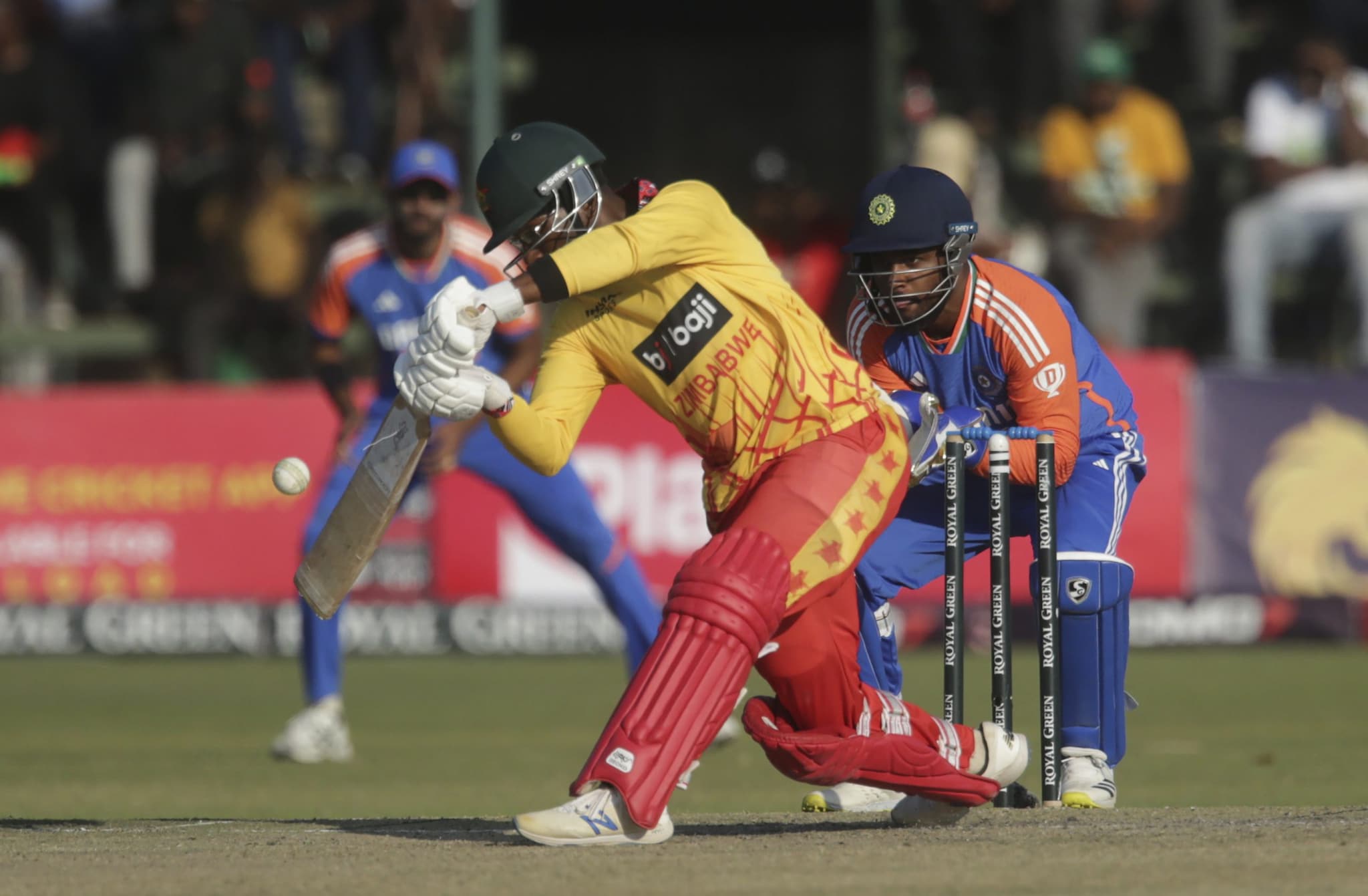 During Zimbabwe's chase, Dion Myers top-scored with 34 (32) for his side. He was going good, before falling mistiming a short delivery of Dube. (AP) During Zimbabwe's chase, Dion Myers top-scored with 34 (32) for his side. He was going good, before falling mistiming a short delivery of Dube. (AP)