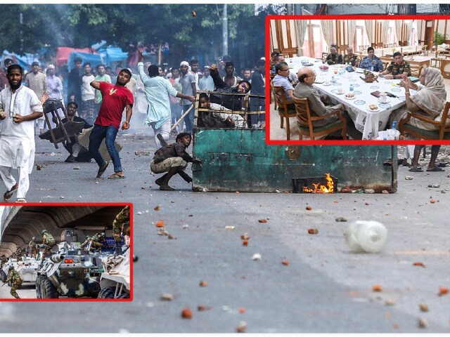 Protesters pelt stones as they clash with police during the ongoing anti-quota protest in Dhaka as the army takes control of main streets. Bangladesh PM Sheikh Hasina also held a meeting with top officials to review the country’s security situation. (Image: AFP/News18)