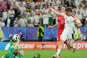 Germany's Florian Wirtz scores a goal that was disallowed for offside during a round of sixteen match between Germany and Denmark at the Euro 2024 soccer tournament in Dortmund, Germany, Saturday, June 29, 2024. (AP Photo/Andreea Alexandru)
