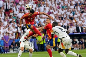 Spain's Mikel Merino (6) scores his side's second goal during a quarter final match between Germany and Spain at the Euro 2024 soccer tournament in Stuttgart, Germany, Friday, July 5, 2024. (AP Photo/Antonio Calanni)