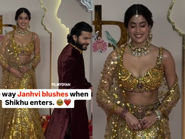 Janhvi Kapoor was captured blushing after her rumoured boyfriend Shikhar Pahariya passed by at the red carpet of Anant Ambani and Radhika Merchant‍‍`s wedding celebrations. 