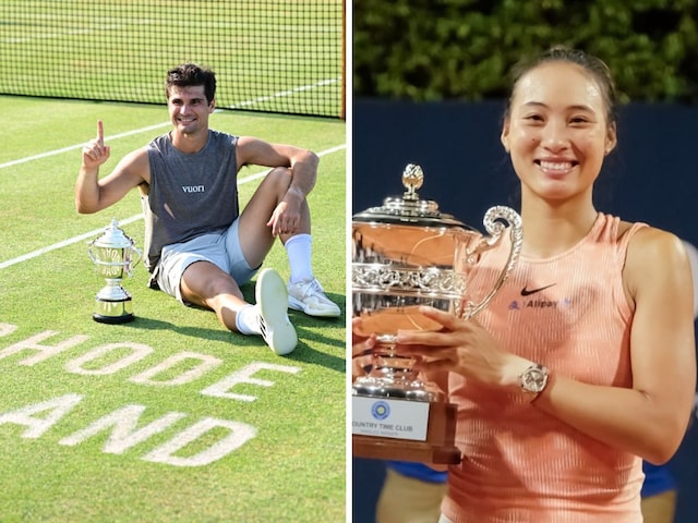 Marcos Giron and Zheng Qinwen with their titles (X)