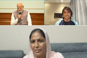 PM Modi and Neeraj Chopra with (below) Saroj Devi
