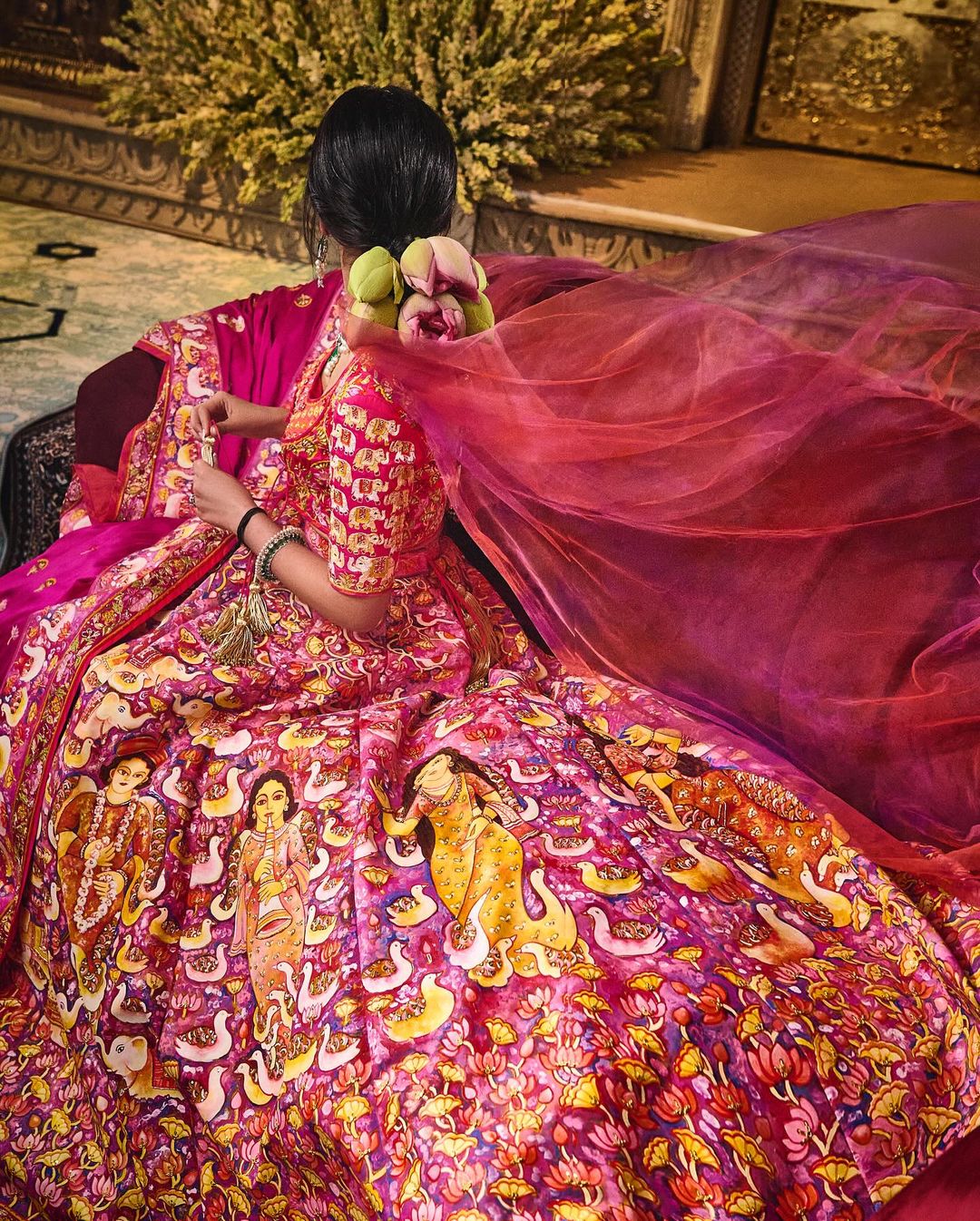 We are honoured to have been a part of this collaboration that features the ideal juxtaposition of hand-embroidery with art. Because art and fashion have always been lovers. One cannot exist without the other. And so it becomes the perfect ode to the perfect couple that is Anant and Radhika,” adds Abu Jani-Sandeep Khosla. (Instagram/Rhea Kapoor) Radhika Merchant for Shubh Aashirwad