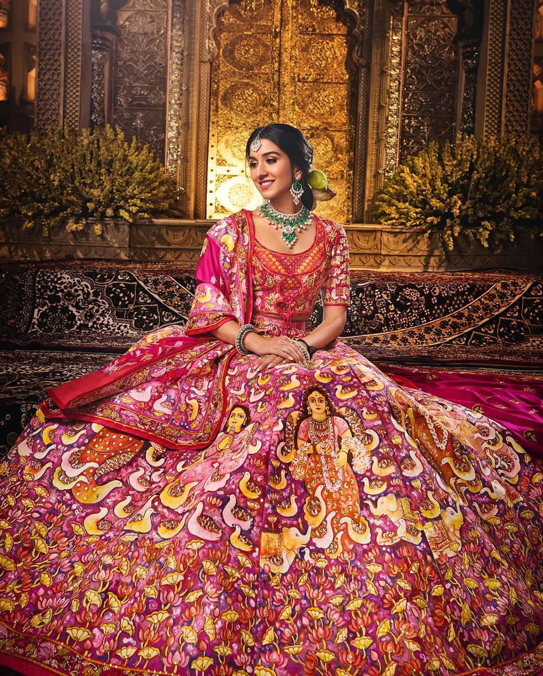 Abu Jani Sandeep Khosla have collaborated with contemporary Indian artist and sculptor Jayasri Burman and Rhea Kapoor to make the most unique dress for the new bride. (Instagram/Rhea Kapoor) Radhika Merchant for Shubh Aashirwad