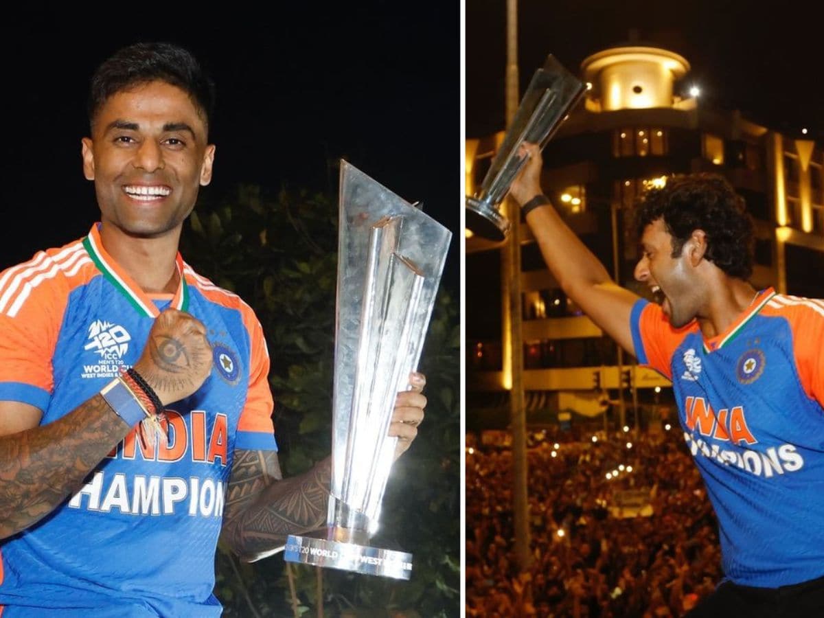The Team India squad members got clicked with the T20 World Cup trophy again, but this time it was special as there were innumerable fans and well-wishers around. (Team India) The Team India squad members got clicked with the T20 World Cup trophy again, but this time it was special as there were innumerable fans and well-wishers around. (Team India)