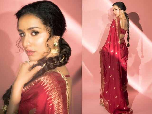 Shraddha Kapoor's silk saree, sourced from Masaba Gupta's House of Masaba, featured luxurious Jacquard silk fabric adorned with a Trikone and Anar Zari border