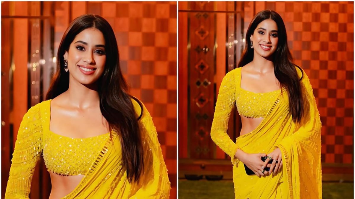 Huge Manish Malhotra outlet inspired, Jhanvi kapoor bright yellow saree, with embroidered unstiched blouse, super trendy saree for haldi ceremony,