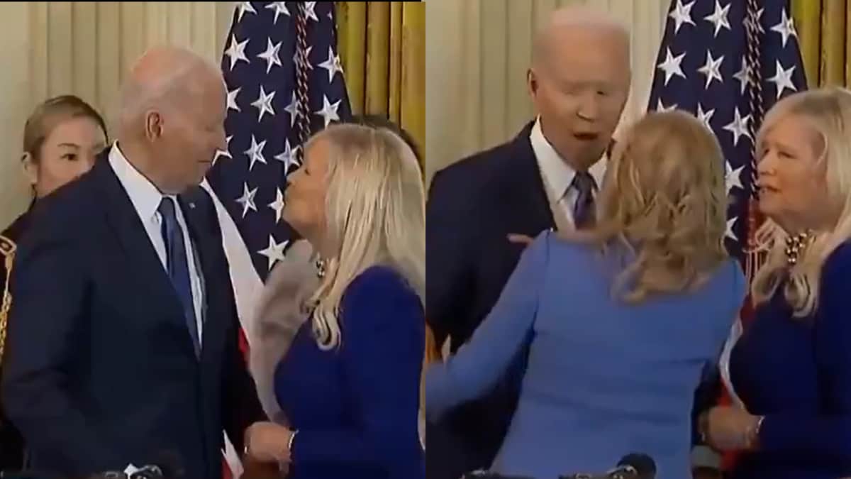 Biden은 바이러스 성 비디오에서 여성에게 거의 키스할 뻔했습니다.  그의 아내 Jill이 개입하여 당황함에서 그를 구해냅니다.