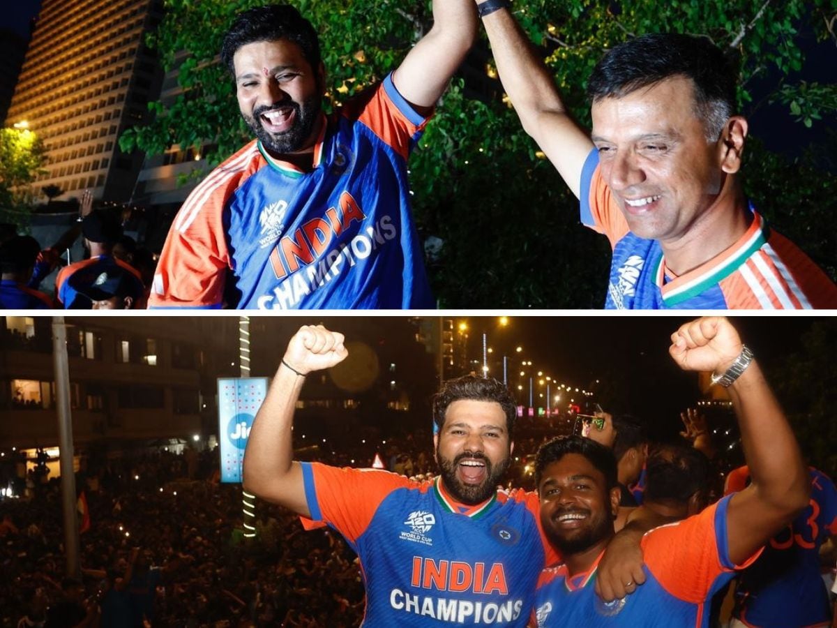 Skipper Rohit posed with Rahul Dravid (top), their coach for the World Cup, and teammate Sanju Samson. (Team India) Skipper Rohit posed with Rahul Dravid (top), their coach for the World Cup, and teammate Sanju Samson. (Team India)