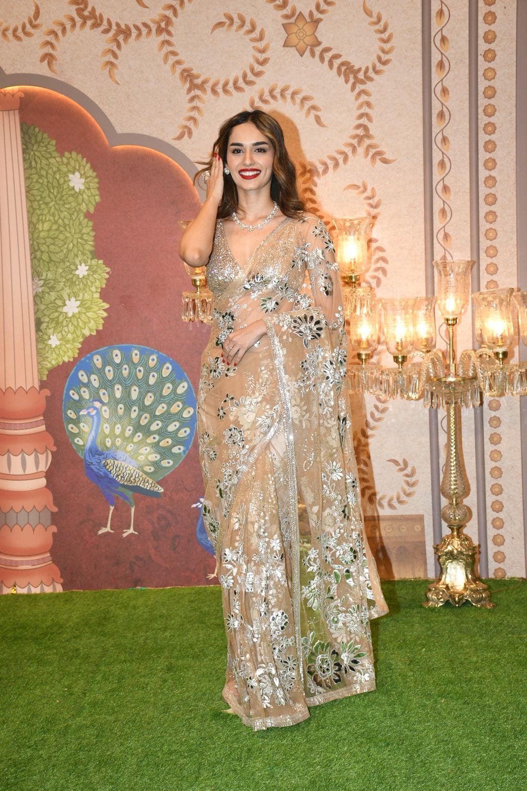 Manushi Chhillar looked breathtaking in a sheer embellished saree by Seema Gujral. (Image: Viral Bhayani) Anant-Radhika Shubh Aashirwad