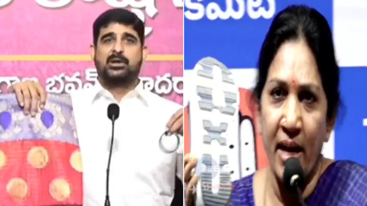 BRS MLA Kaushik Reddy Offers Saris & Bangles to Defectors; Congress Shobha Rani Leader Hits Back Showing Footwear
