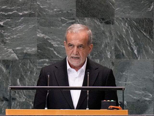 Iran's President Masoud Pezeshkian at the United Nations headquarters. (AP photo)