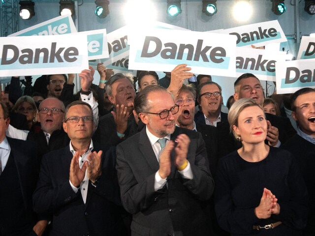 Austrian People's Party members, including Minister Alexander Schallenberg and Minister Susanne Raab, react to first exit polls in Vienna on September 29, 2024. (AFP)