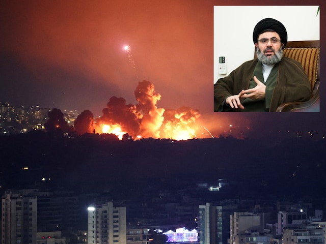 Smoke and flames rise over Beirut's southern suburbs after a strike, amid the ongoing hostilities between Hezbollah and Israeli forces, as seen from Sin El Fil, Lebanon, October 3. (Reuters) Hashem Safieddine (Top Right)