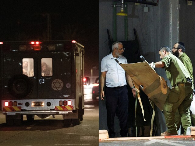 A military ambulance drives near the scene where a drone from Lebanon attacked Israel at Binyamina. Israeli soldiers and a man fold gurneys following a drone attack from Lebanon at Sheba Medical Centre in Ramat Gan, Israel October 13, 2024. (Reuters)