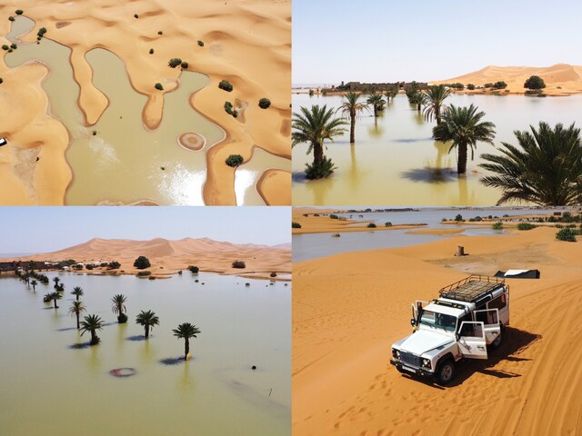 A view of lakes caused by heavy rainfall between sand dunes in the desert town of Merzouga, near Rachidia, southeastern Morocco, Wednesday, Oct. 2, 2024. (AP)