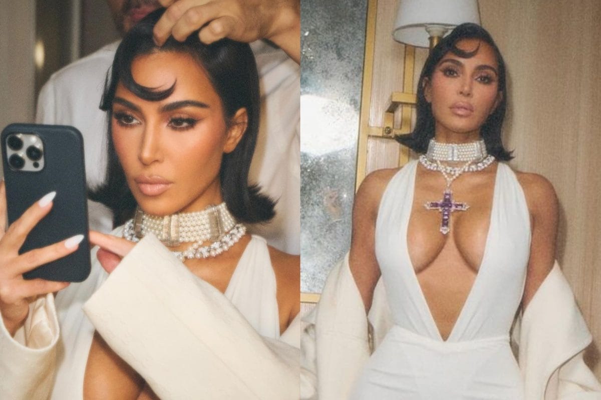 Kim Kardashian Grabs Attention With Bold Rosary Necklace And White Gucci Dress