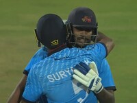 Mumbai batters Sruyansh Shedge and Atharva Ankolekar embrace to celebrate Mumbai's SMAT 2024 win. Mumbai, Syed Mushtaq Ali Trophy 2024-25, Syed Mushtaq Ali Trophy