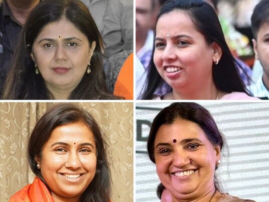 (Clockwise from top left) Pankaja Munde, Aditi Tatkare, Madhuri Misal and Meghna Bordikar. (X) Maharashtra new cabinet