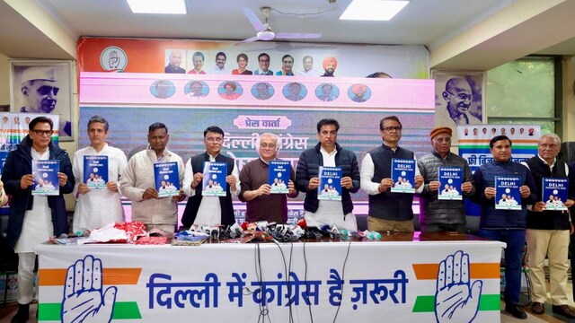 Congress leaders Jairam Ramesh, Pawan Khera and others launch the party's manifesto for the Delhi Assembly election.