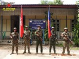 This photo released by the Arakan Army, shows members of the Arakan Army posing for a photograph in front of the captured district police office in Ann township, Rakhine state, Myanmar, Nov. 29, 2024. (The Arakan Army via AP) Rakhine state