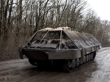 A Ukrainian military vehicle in the country’s northern Sumy region, close to the border with Russia’s Kursk region 