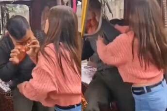 Despite the auto driver’s repeated pleas, the woman continued to beat him. (Photo Credit: X) On Camera: UP Woman Punches, Slaps Auto Driver Despite His Repeated Pleas