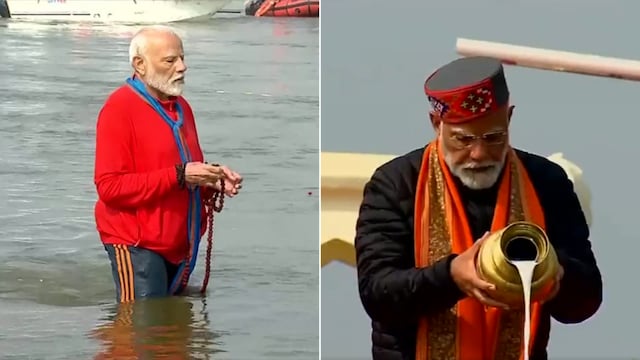 Prime Minister Narendra Modi takes a holy dip at Triveni Sangam in Prayagraj, Uttar Pradesh.