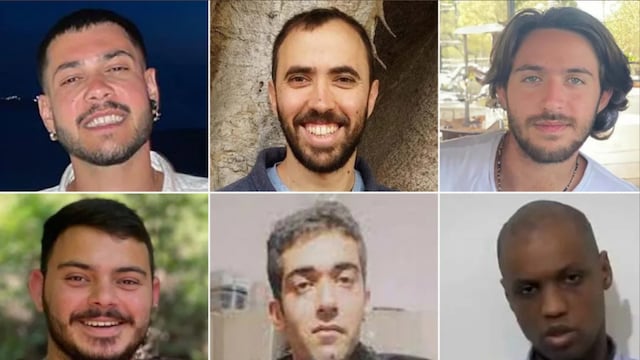  Six hostages that are being released by Hamas are seen. 