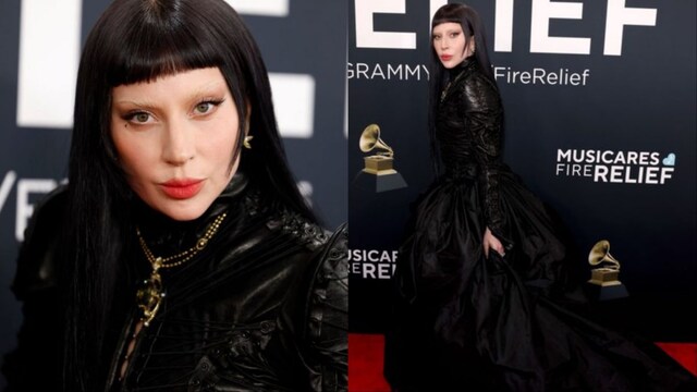 Lady Gaga kept it dramatic with her straight black hair and a fringe. 