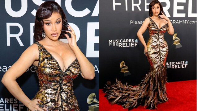 Grammy Awards 2025: Cardi B steals the spotlight in a shimmery gold and black gown.