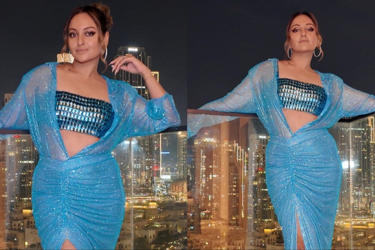 Sonakshi Sinha Brings Drama In A Blue Plunging Neck Dress With A Thigh High Slit