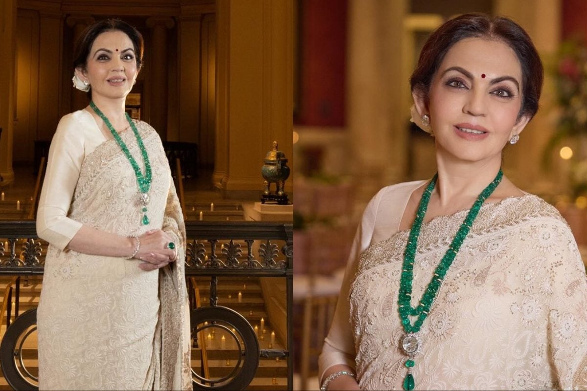 Nita Ambani Opts For A White Anamika Khanna Saree With Exquisite Chikankari Embroidery