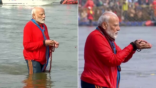 Prime Minister Narendra Modi takes a holy dip at Triveni Sangam in Prayagraj, Uttar Pradesh.