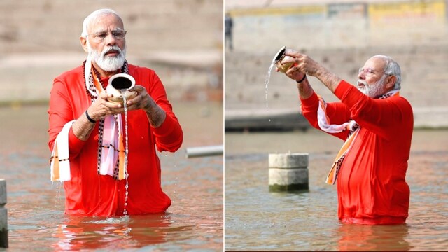 A 2021 photo of PM Narendra Modi when he took a holy dip in river Ganga in Varanasi.